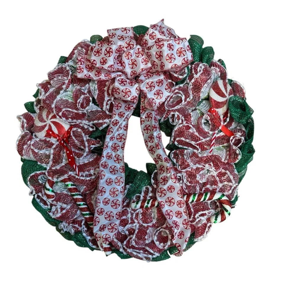 Handmade Peppermint Candy Deco Mesh Wreath Red, Green & White Swirl 22 inch